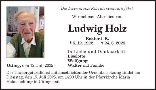 Traueranzeige von Ludwig Holz von Landsberger Tagblatt