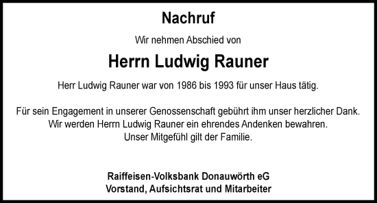 Traueranzeige von Ludwig Rauner von Donauwörther Zeitung