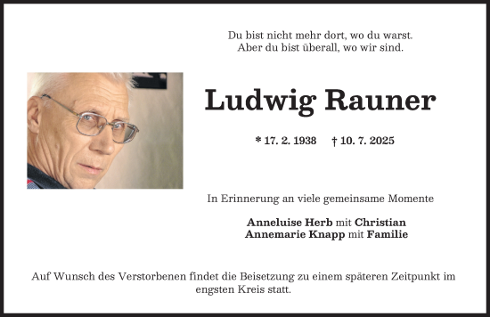Traueranzeige von Ludwig Rauner von Donauwörther Zeitung