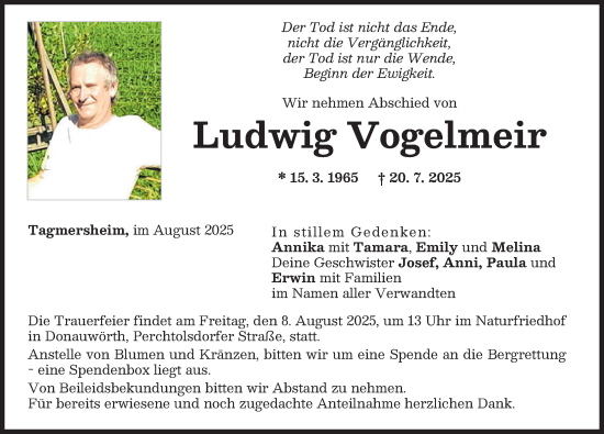 Traueranzeige von Ludwig Vogelmeir von Donauwörther Zeitung