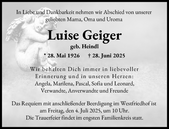 Traueranzeige von Luise Geiger von Augsburger Allgemeine, Friedberger Allgemeine