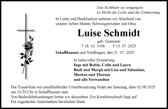 Traueranzeige von Luise Schmidt von Rieser Nachrichten