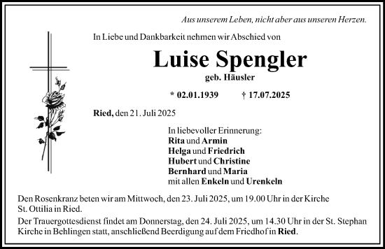 Traueranzeige von Luise Spengler von Günzburger Zeitung, Mittelschwäbische Nachrichten