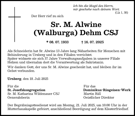 Traueranzeige von M. Alwine Dehm von Mittelschwäbische Nachrichten