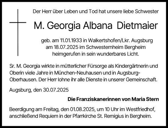 Traueranzeige von M. Georgia Albana Dietmaier von Augsburger Allgemeine