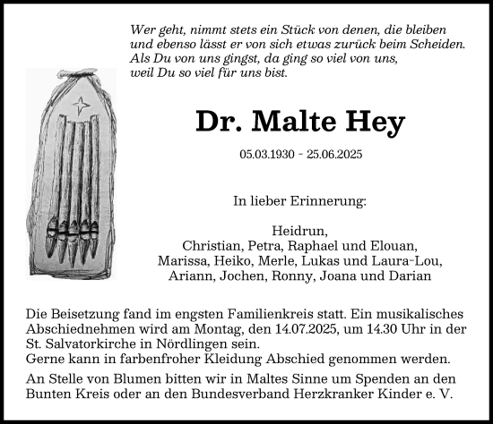 Traueranzeige von Malte Hey von Rieser Nachrichten