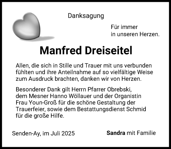 Traueranzeige von Manfred Dreiseitel von Neu-Ulmer Zeitung