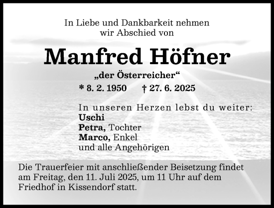 Traueranzeige von Manfred Höfner von Günzburger Zeitung