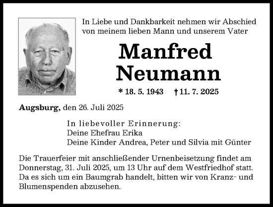 Traueranzeige von Manfred Neumann von Augsburger Allgemeine