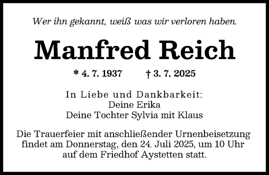 Traueranzeige von Manfred Reich von Augsburger Allgemeine