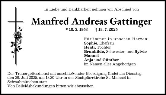 Traueranzeige von Manfred Andreas Gattinger von Schwabmünchner Allgemeine