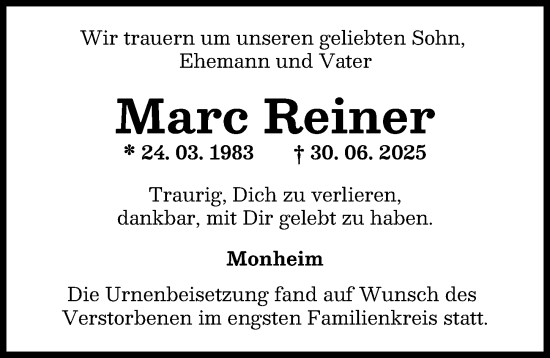 Traueranzeige von Marc Reiner von Donauwörther Zeitung