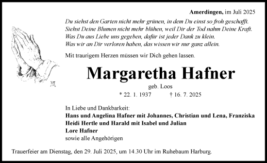 Traueranzeige von Margaretha Hafner von Rieser Nachrichten