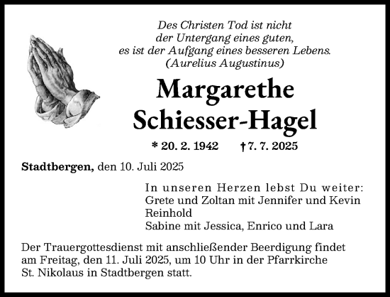Traueranzeige von Margarethe Schiesser-Hagel von Augsburger Allgemeine