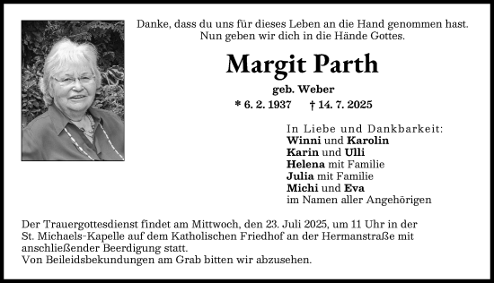 Traueranzeige von Margit Parth von Augsburger Allgemeine