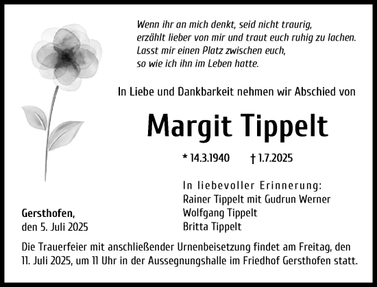 Traueranzeige von Margit Tippelt von Augsburger Allgemeine
