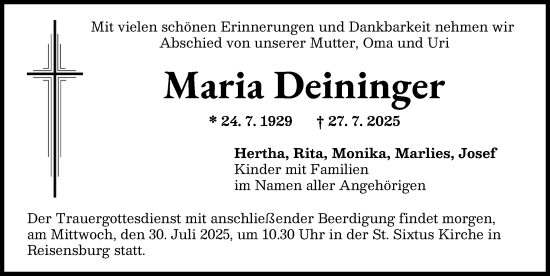 Traueranzeige von Maria Deininger von Günzburger Zeitung