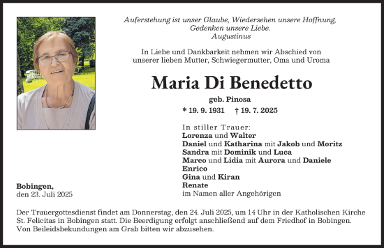 Traueranzeige von Maria Di Benedetto von Schwabmünchner Allgemeine