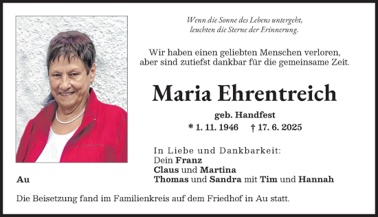 Traueranzeige von Maria Ehrentreich von Illertisser Zeitung