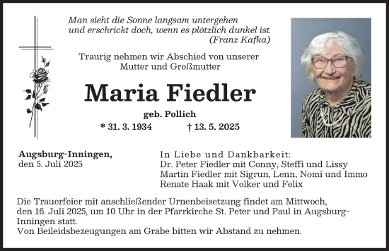 Traueranzeige von Maria Fiedler von Augsburger Allgemeine