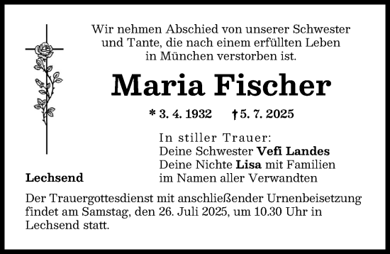 Traueranzeige von Maria Fischer von Donauwörther Zeitung