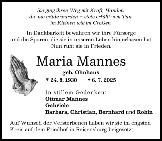 Traueranzeige von Maria Mannes von Günzburger Zeitung