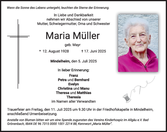 Traueranzeige von Maria Müller von Mindelheimer Zeitung