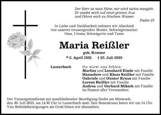 Traueranzeige von Maria Reißler von Wertinger Zeitung