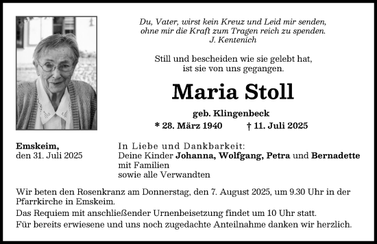 Traueranzeige von Maria Stoll von Neuburger Rundschau