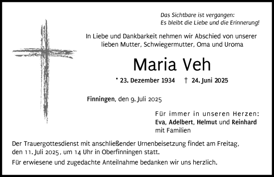 Traueranzeige von Maria Veh von Donau Zeitung
