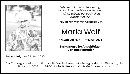 Traueranzeige von Maria Wolf von Günzburger Zeitung, Donau Zeitung