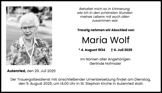 Traueranzeige von Maria Wolf von Günzburger Zeitung