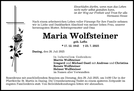 Traueranzeige von Maria Wolfsteiner von Friedberger Allgemeine