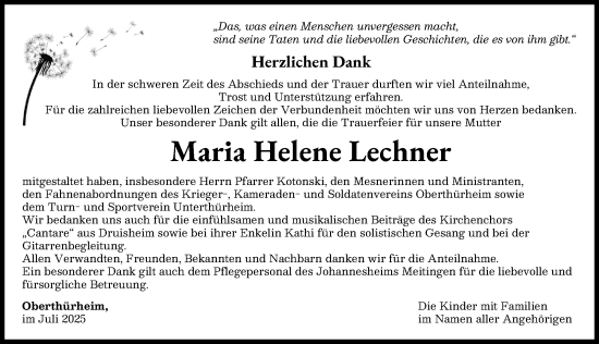 Traueranzeige von Maria Helene Lechner von Wertinger Zeitung