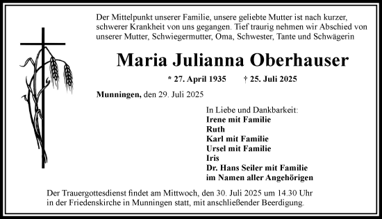 Traueranzeige von Maria Julianna Oberhauser von Rieser Nachrichten