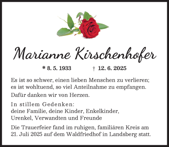 Traueranzeige von Marianne Kirschenhofer von Landsberger Tagblatt