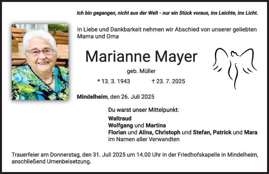 Traueranzeige von Marianne Mayer von Mindelheimer Zeitung