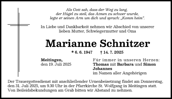 Traueranzeige von Marianne Schnitzer von Augsburg-Land