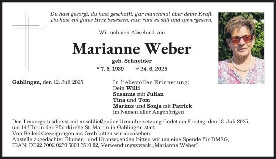 Traueranzeige von Marianne Weber von Augsburg-Land