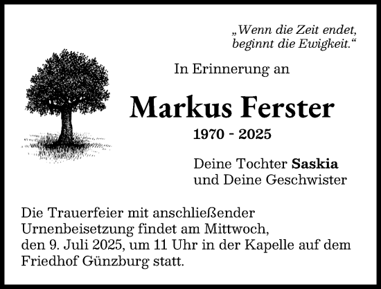 Traueranzeige von Markus Ferster von Günzburger Zeitung