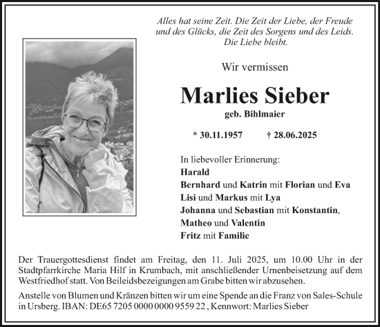 Traueranzeige von Marlies Sieber von Mittelschwäbische Nachrichten
