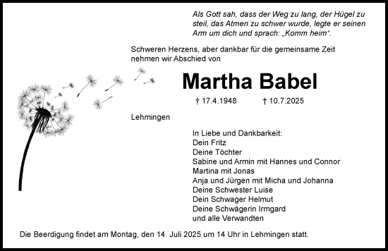 Traueranzeige von Martha Babel von Rieser Nachrichten