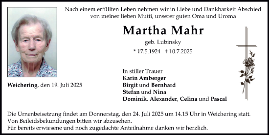 Traueranzeige von Martha Mahr von Neuburger Rundschau