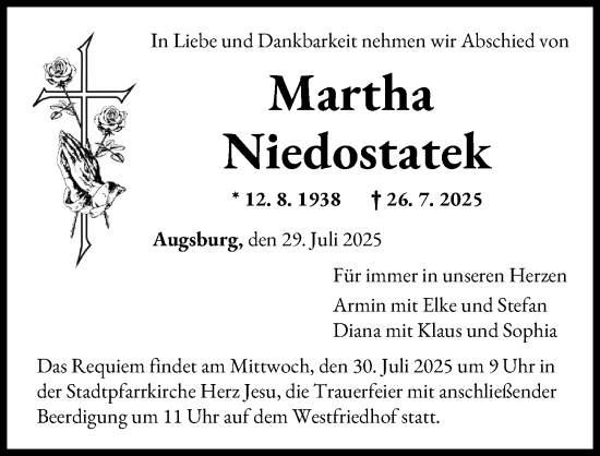 Traueranzeige von Martha Niedostatek von Augsburger Allgemeine