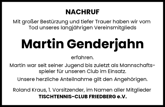 Traueranzeige von Martin Genderjahn von Friedberger Allgemeine