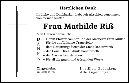Traueranzeige von Mathilde Riß von Donauwörther Zeitung