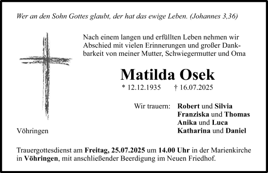 Traueranzeige von Matilda Osek von Illertisser Zeitung