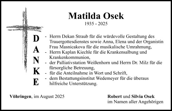 Traueranzeige von Matilda Osek von Illertisser Zeitung
