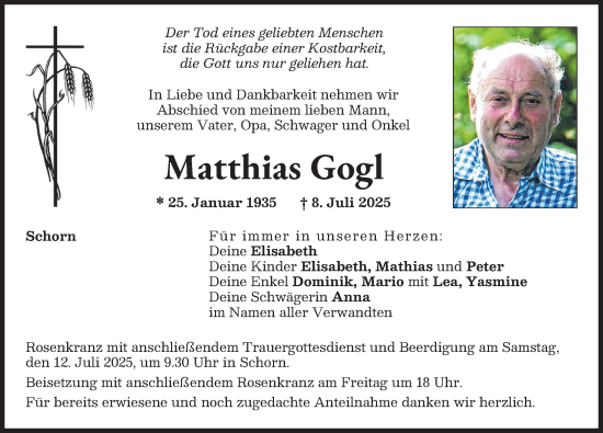 Traueranzeige von Matthias Gogl von Neuburger Rundschau