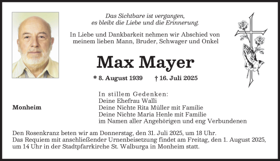 Traueranzeige von Max Mayer von Donauwörther Zeitung